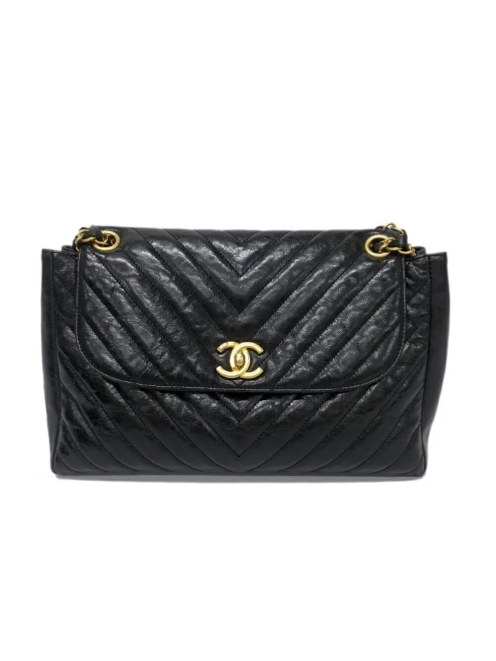 Chanel Chevron Classic Black Chain Shoulder Bag CC Logo Gold